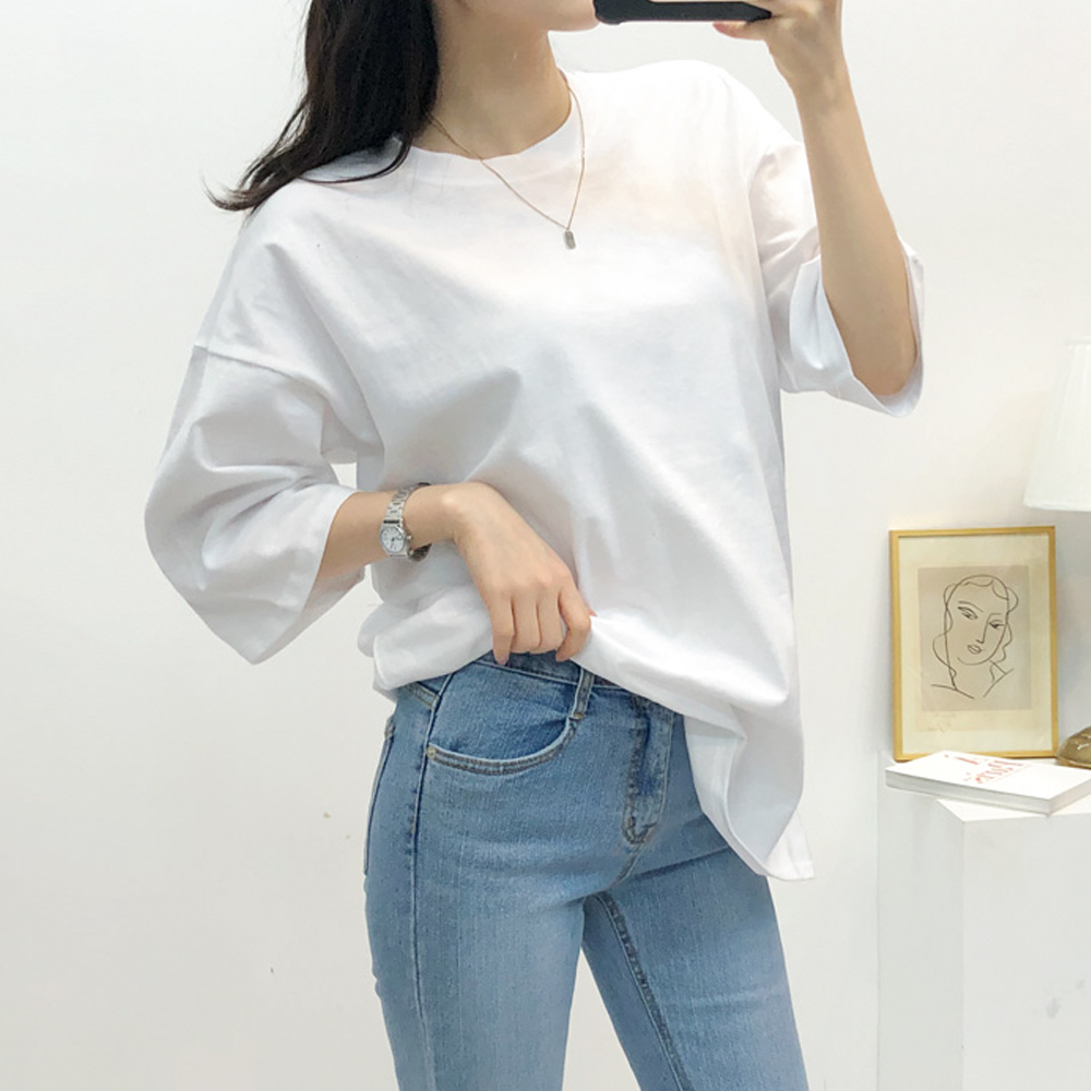 1+1 레이어드 레깅스 코디 오버핏 옆트임 이너 무지 반팔 롱 티셔츠 - 상세 이미지 2