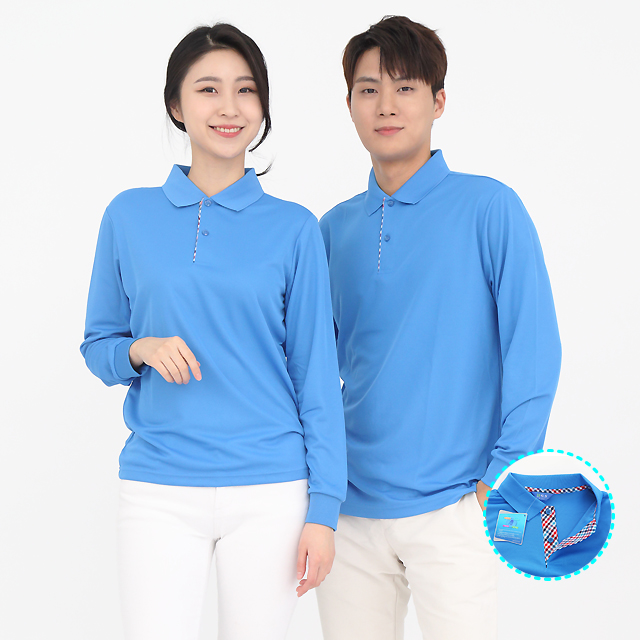 서빙유니폼 쿨론체크카라코발트 기능성긴팔 유니폼셔츠 식당유니폼 홀서빙복 - 상품 이미지