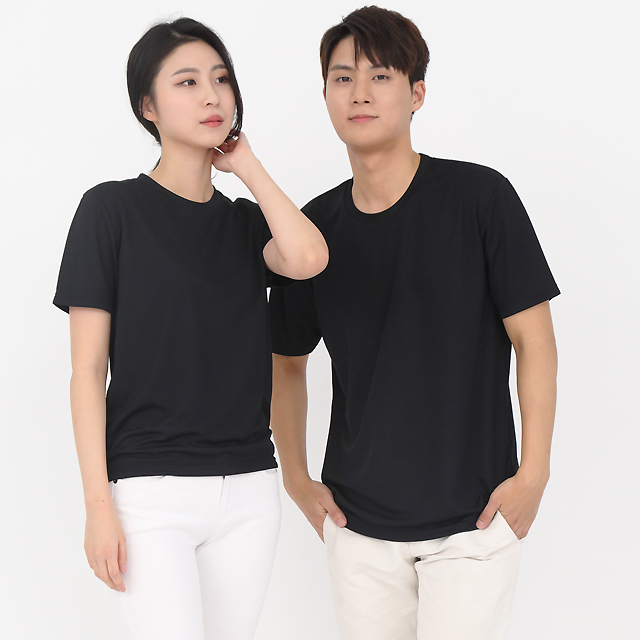 쿨론)기능성 검정색 라운드 반팔티셔츠 식당유니폼 주방유니폼 단체 서빙유니폼 - 상세 이미지 2