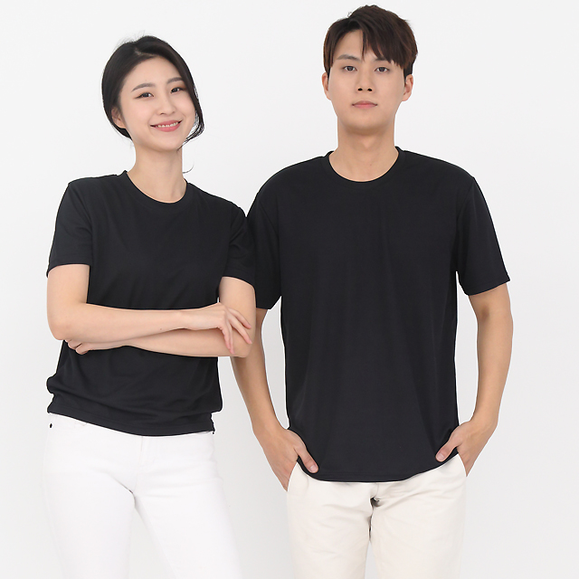쿨론)기능성 검정색 라운드 반팔티셔츠 식당유니폼 주방유니폼 단체 서빙유니폼 - 상품 이미지