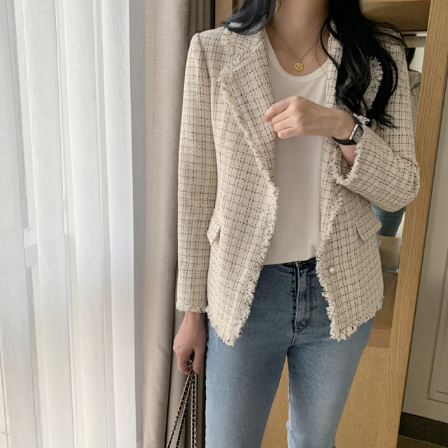 고급 진주 수술 여성 트위드 자켓 싱글 테일러드 여자자켓 가을 자켓