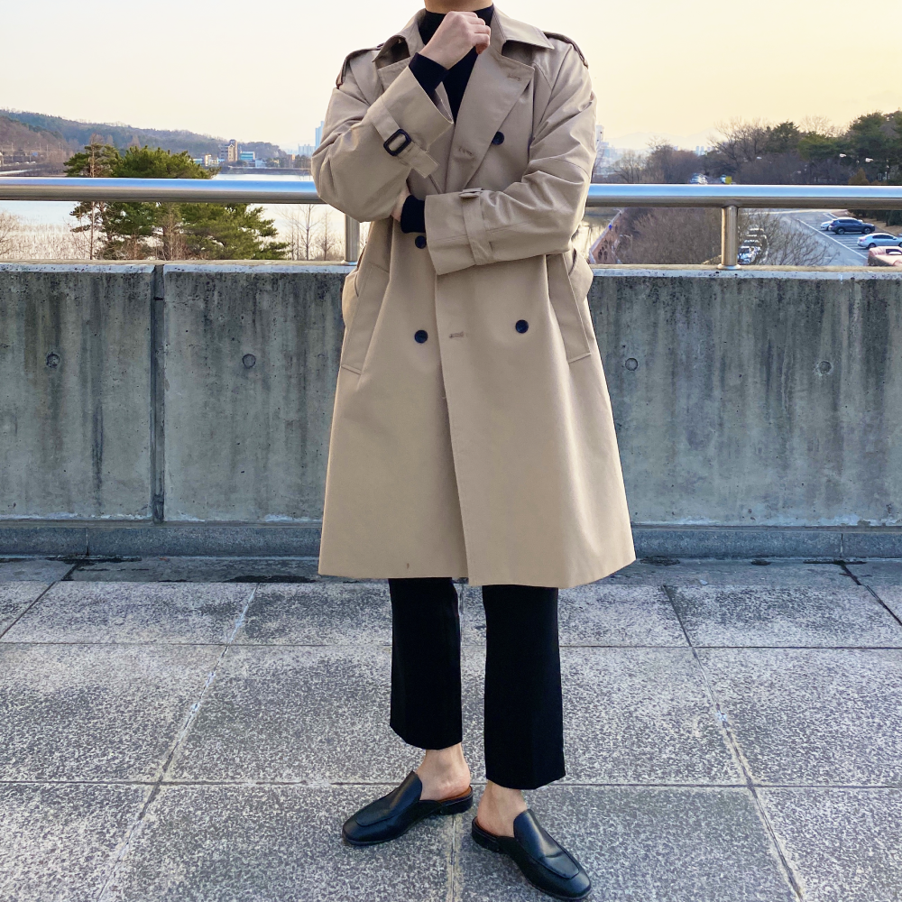 남자 봄 간절기 오버핏 더블 롱 트렌치코트 베이지 - 상세 이미지 2