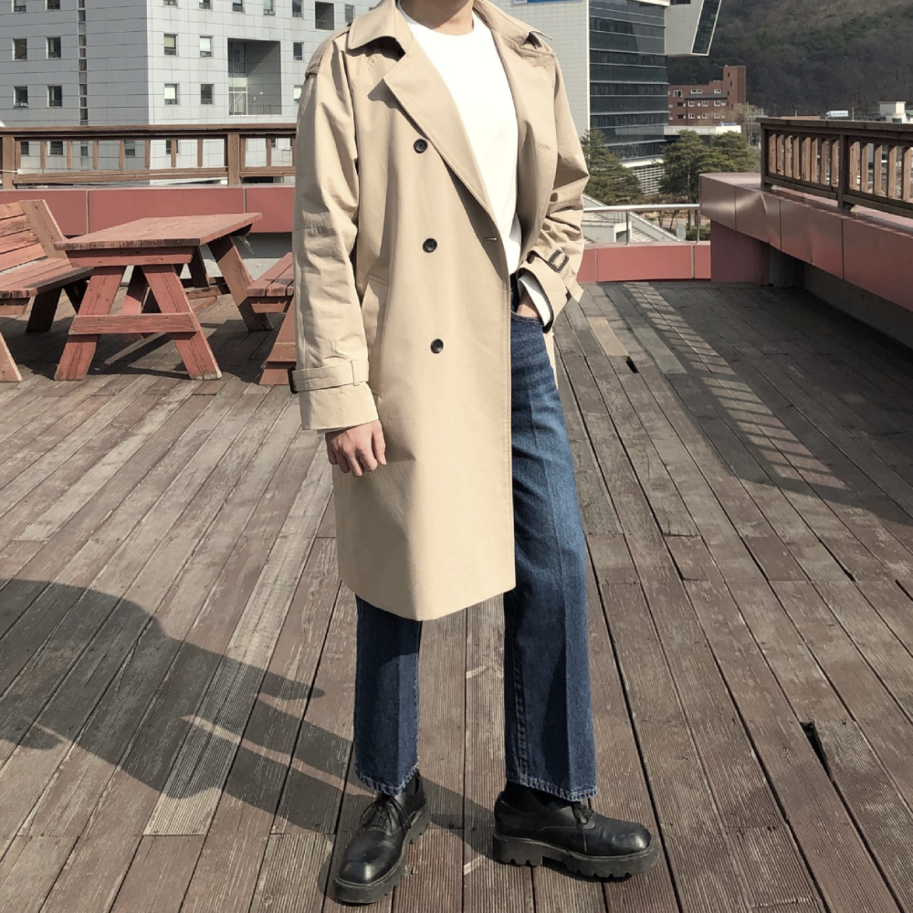 남자 봄 간절기 오버핏 더블 롱 트렌치코트 베이지 - 상세 이미지 5