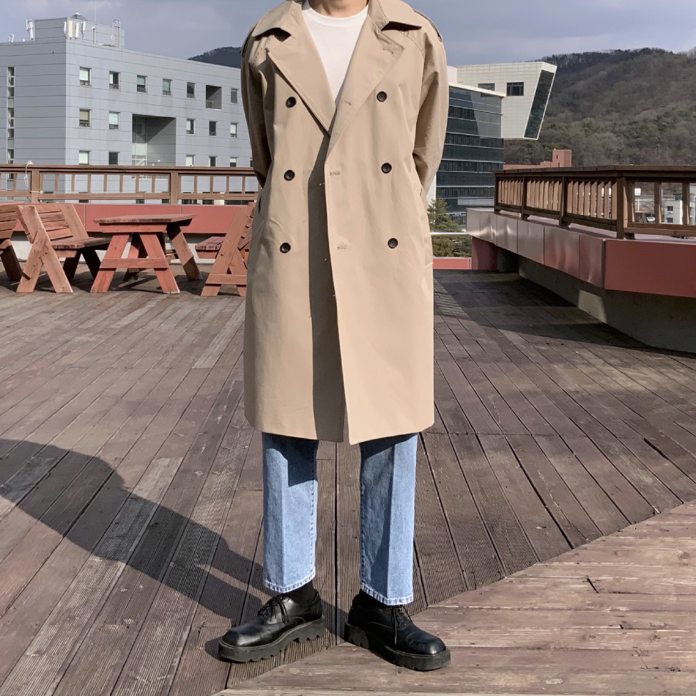 남자 봄 간절기 오버핏 더블 롱 트렌치코트 베이지 - 상세 이미지 3