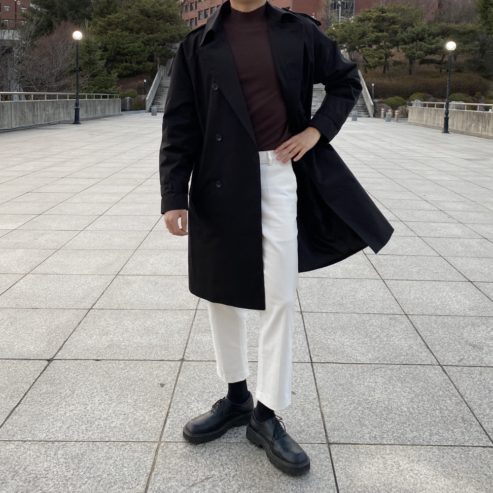 남자 봄 아우터 간절기 오버핏 더블 롱 트렌치코트 블랙 - 상세 이미지 3