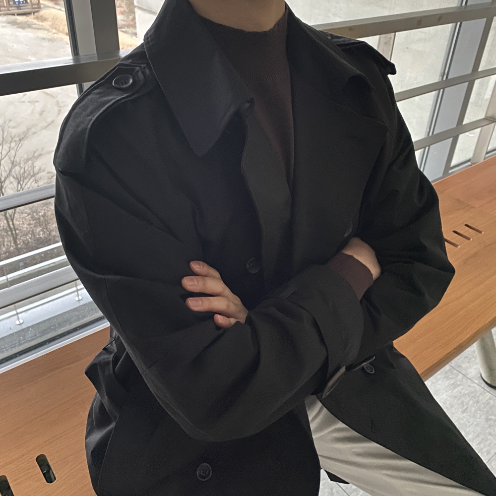 남자 봄 아우터 간절기 오버핏 더블 롱 트렌치코트 블랙 - 상세 이미지 4