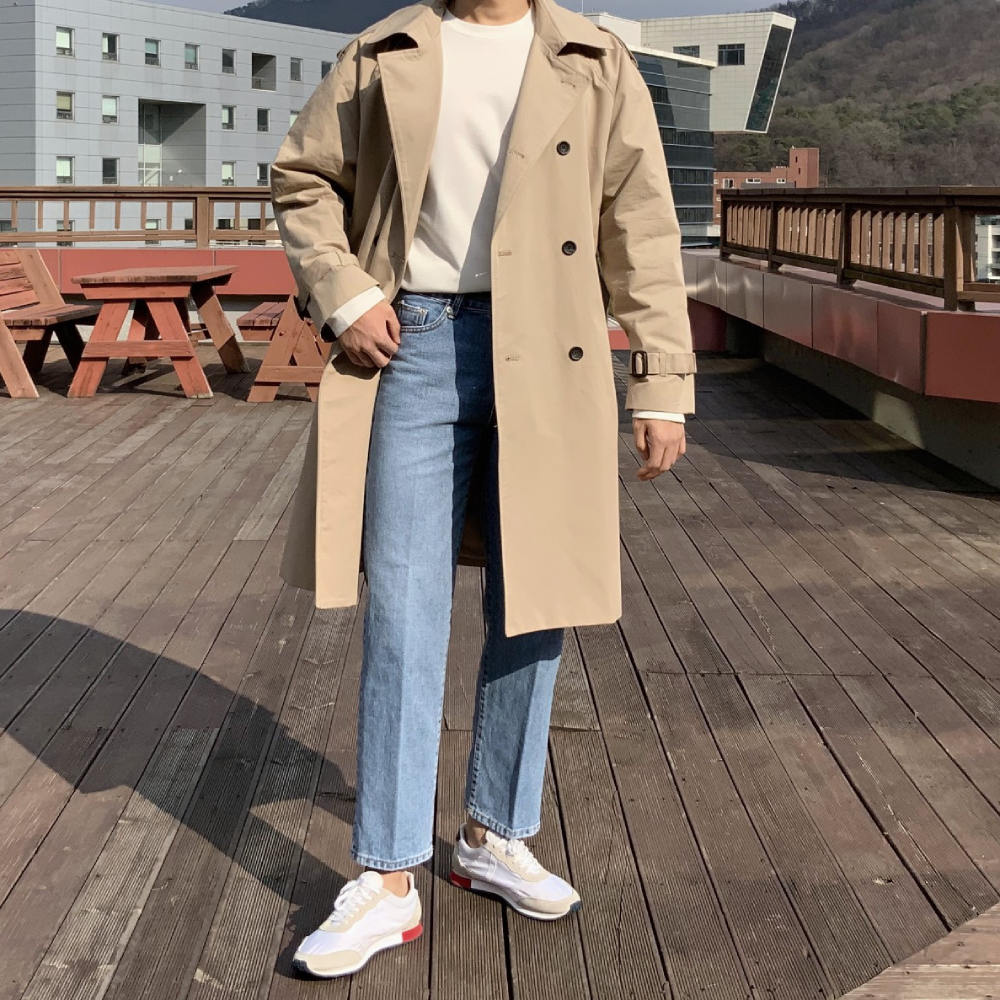 남자 봄 간절기 오버핏 더블 롱 트렌치코트 베이지 - 메인 이미지