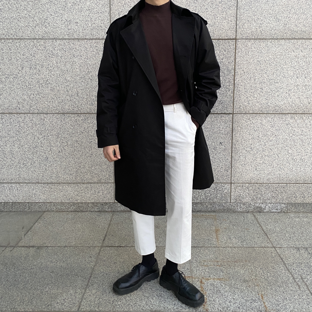 남자 봄 아우터 간절기 오버핏 더블 롱 트렌치코트 블랙 - 상세 이미지 5
