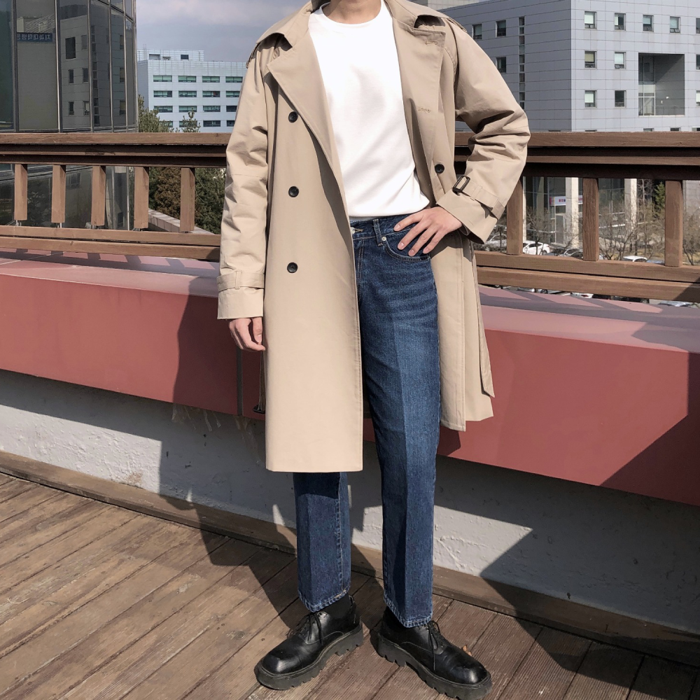 남자 봄 간절기 오버핏 더블 롱 트렌치코트 베이지 - 상세 이미지 4