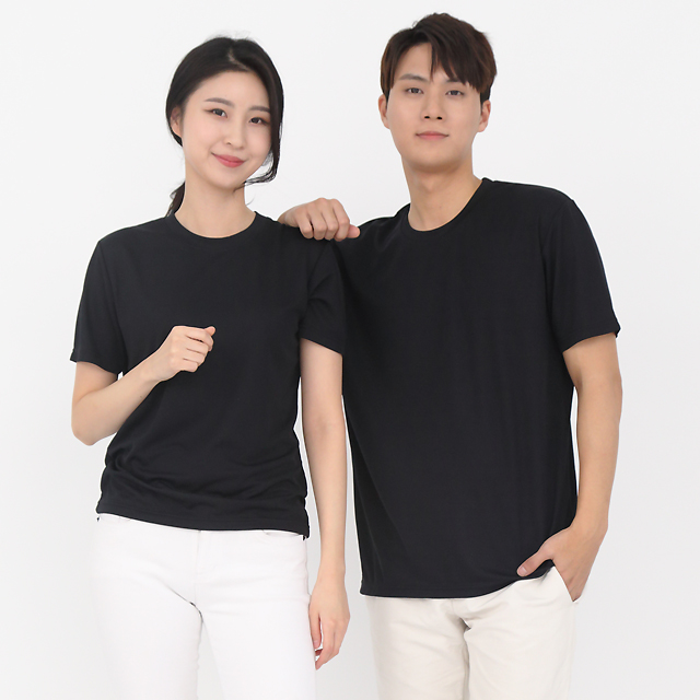 쿨론)기능성 검정색 라운드 반팔티셔츠 식당유니폼 주방유니폼 단체 서빙유니폼 - 상세 이미지 3