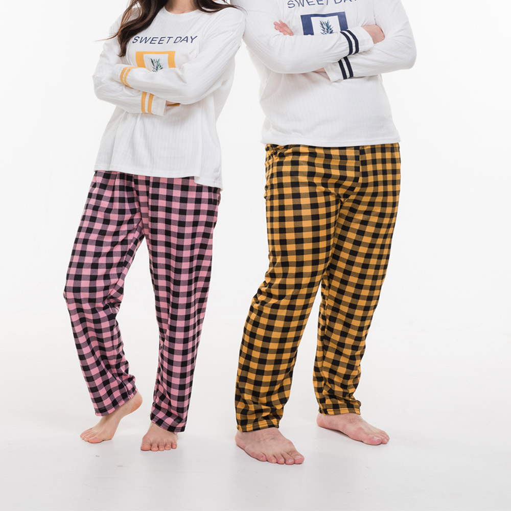 도씨 봄 체크 잠옷 바지 파자마 커플 잠옷 실크터치 남자 여자 - 상세 이미지 2