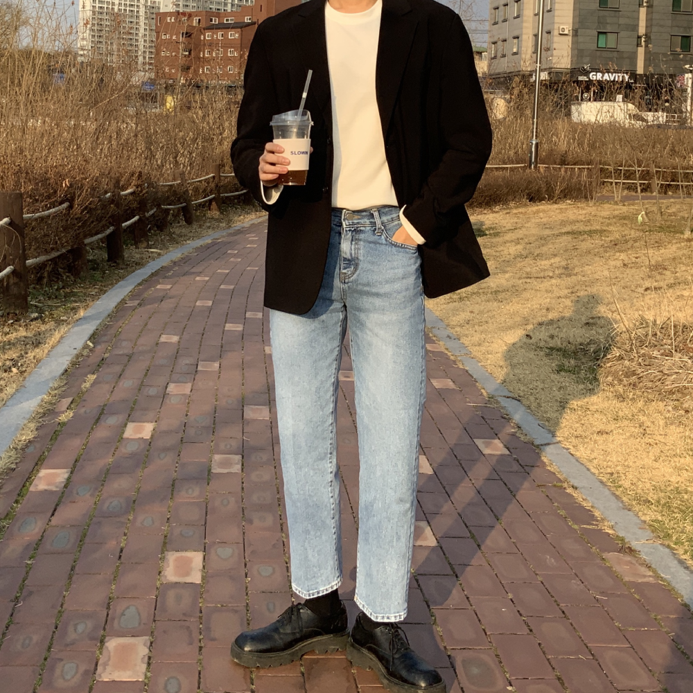 남자 연청 일자 데님 스트레이트 레귤러핏 청바지 - 상세 이미지 4