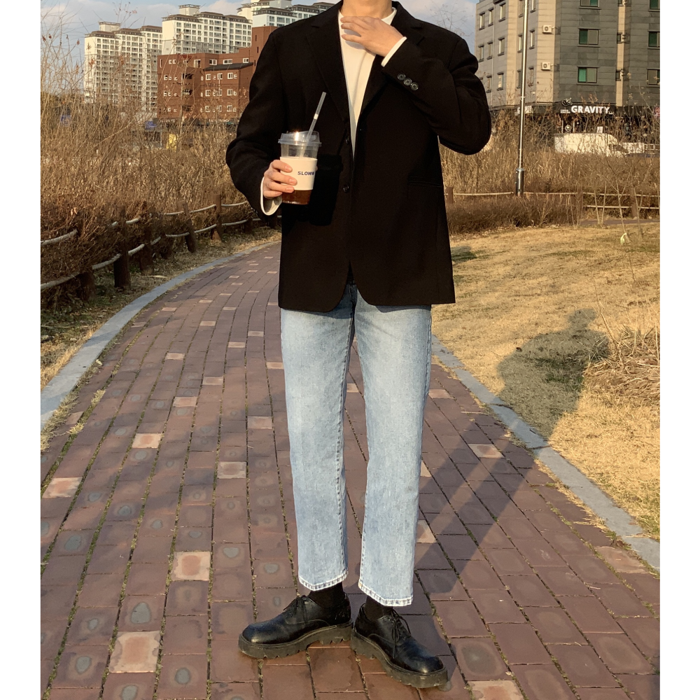 남자 연청 일자 데님 스트레이트 레귤러핏 청바지 - 상세 이미지 5