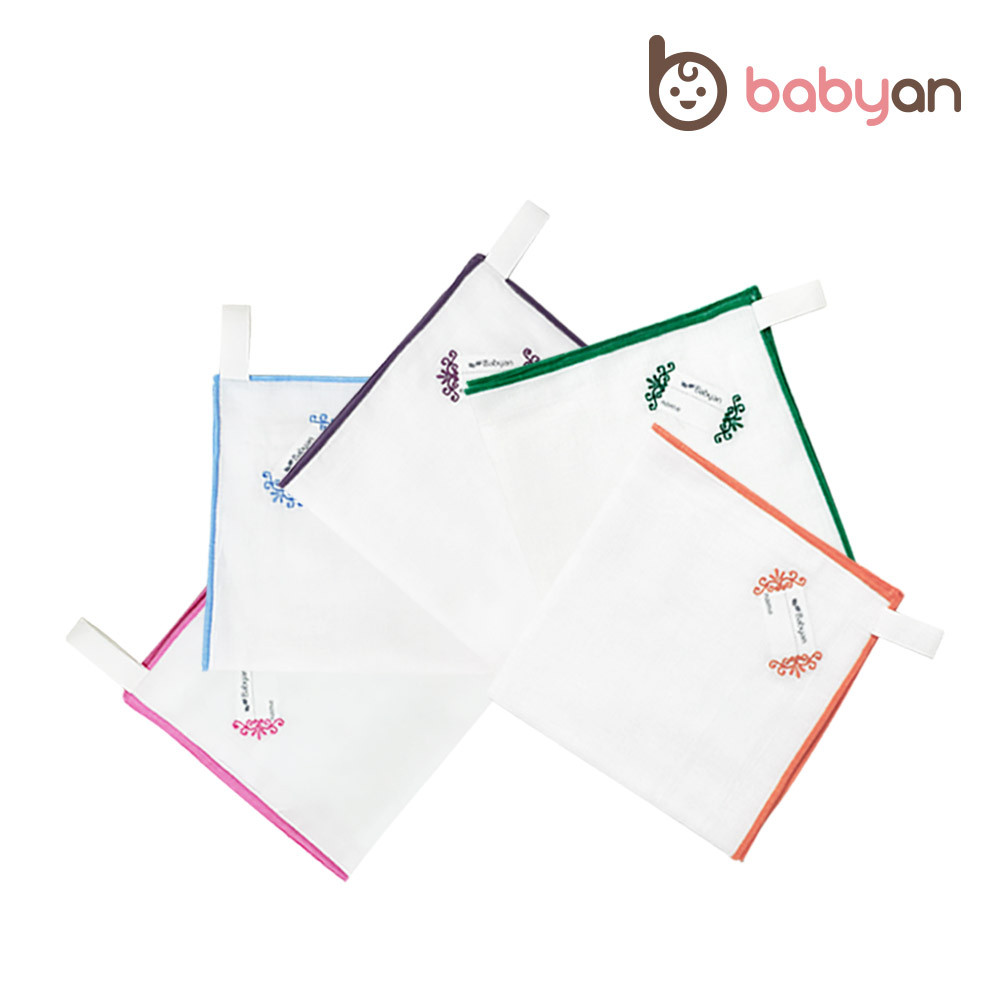 베이비앙 국내산 무형광 고급 40수 순면 자수 어린이집 손수건 고리수건