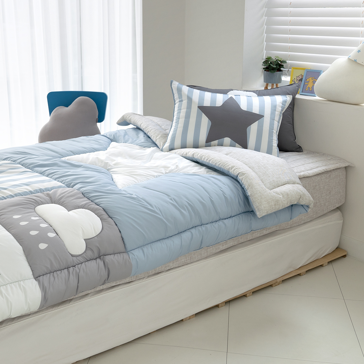 키덜트 취향저격 먼지없는 간절기 알러지케어 차렵이불 베개세트 스타패치 블루 (별우주), S.SS(싱글.슈퍼싱글겸용)