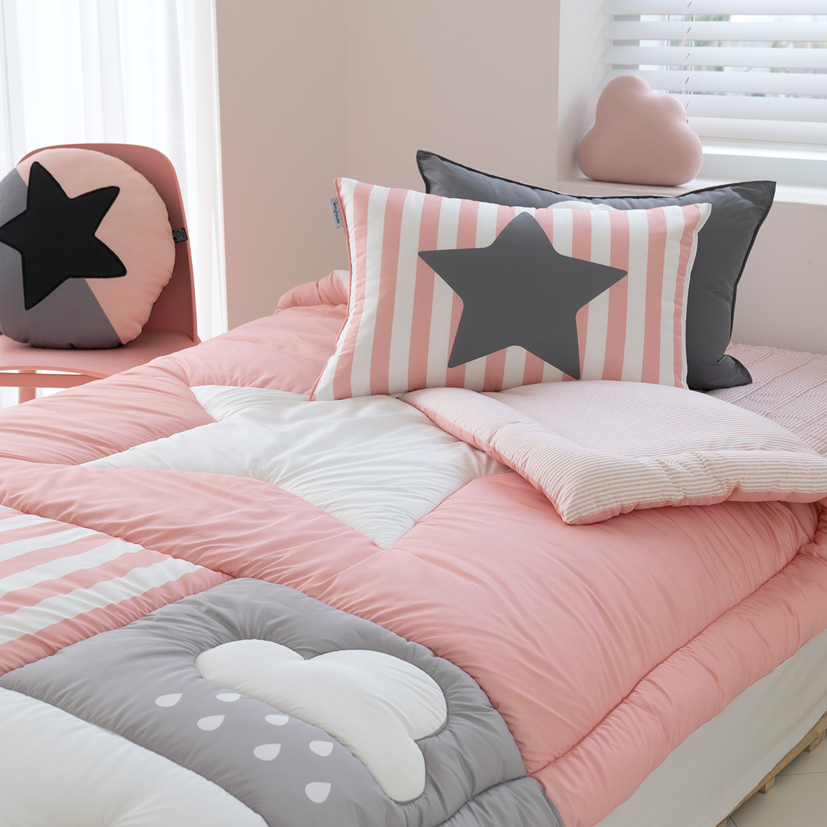 키덜트 취향저격 먼지없는 간절기 알러지케어 차렵이불 베개세트 스타패치 핑크 (별우주), S.SS(싱글.슈퍼싱글겸용)