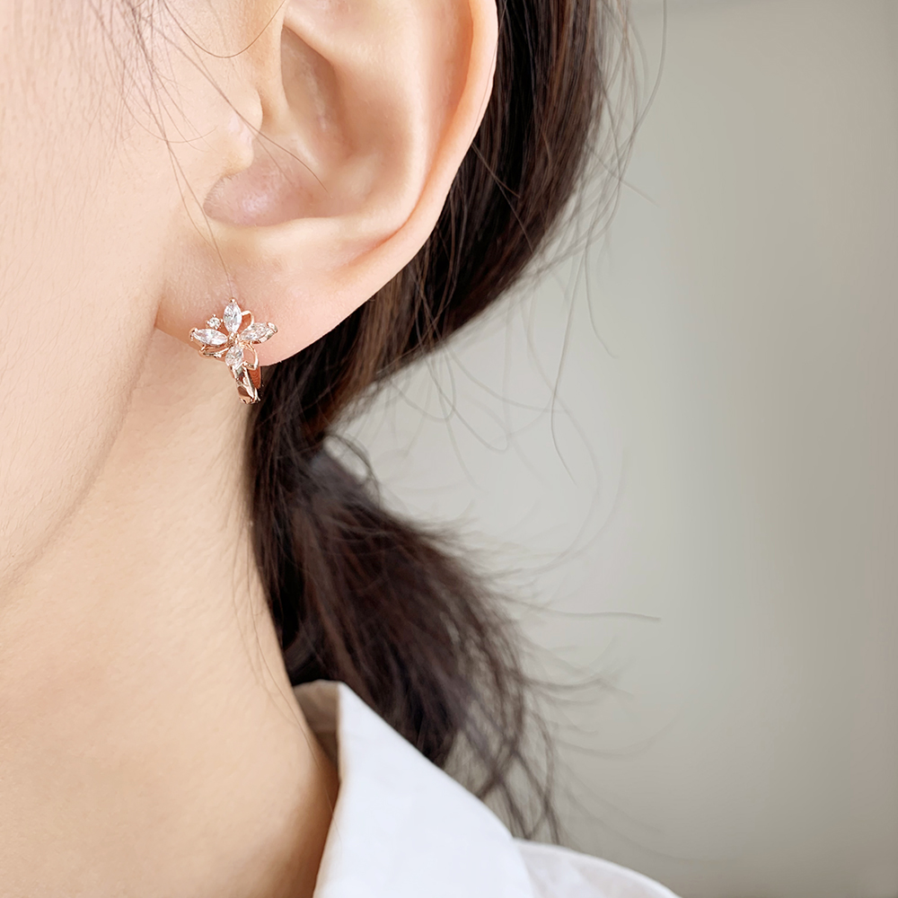 14K 금침 개나리 꽃 큐빅 플라워 원터치 링 골드핀 귀걸이