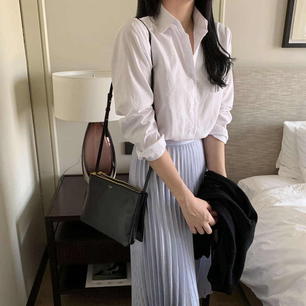 기본 면 카라 레이어드 루즈핏 여성 셔츠 가을 코튼셔츠 여자남방 소라색 하늘색 화이트 핑크 - 상세 이미지 4