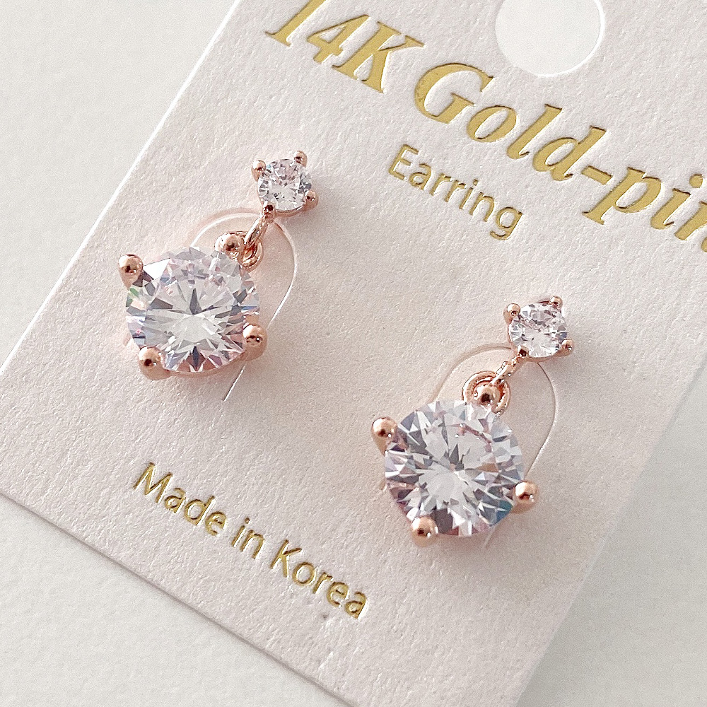 14K 금침 연예인 큐빅 드롭 데일리 무알러지 골드핀 귀걸이 - 상세 이미지 3