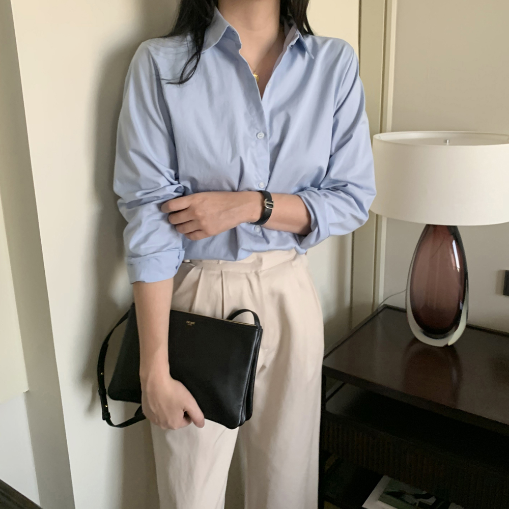 기본 면 카라 레이어드 루즈핏 여성 셔츠 가을 코튼셔츠 여자남방 소라색 하늘색 화이트 핑크