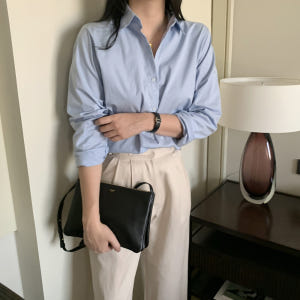 기본 면 카라 레이어드 루즈핏 여성 셔츠 봄 코튼셔츠 여자남방 소라색 하... 착용 후기 | 사이즈/핏 총정리 - 상품 이미지 1