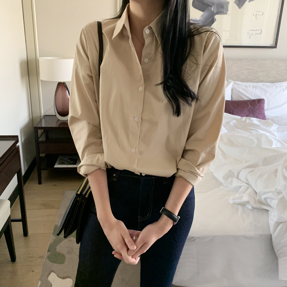 기본 면 카라 레이어드 루즈핏 여성 셔츠 가을 코튼셔츠 여자남방 소라색 하늘색 화이트 핑크 - 상세 이미지 3