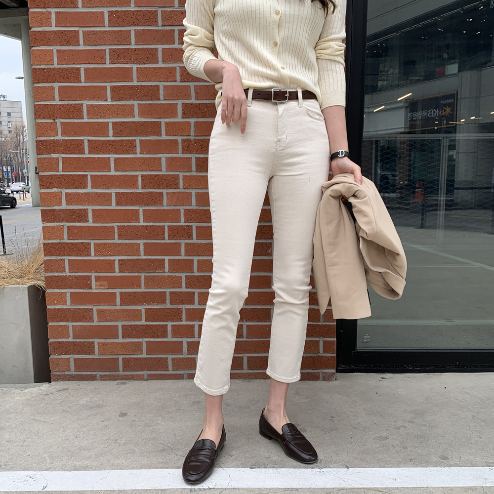 슬림핏 여성 면바지 스판 스키니 일자바지 밴딩 팬츠 베이지 아이보리 블랙 - 상품 이미지