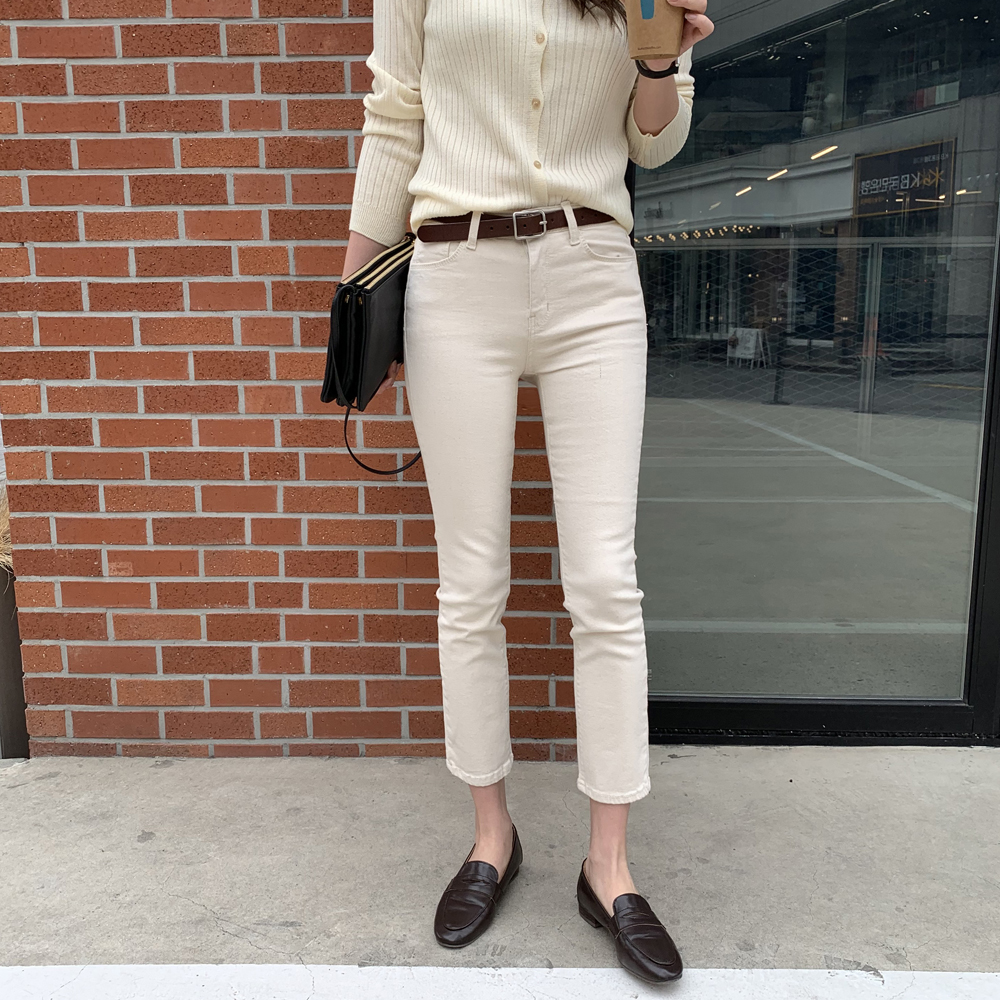 슬림핏 여성 면바지 스판 스키니 일자바지 밴딩 팬츠 베이지 아이보리 블랙 - 상세 이미지 3