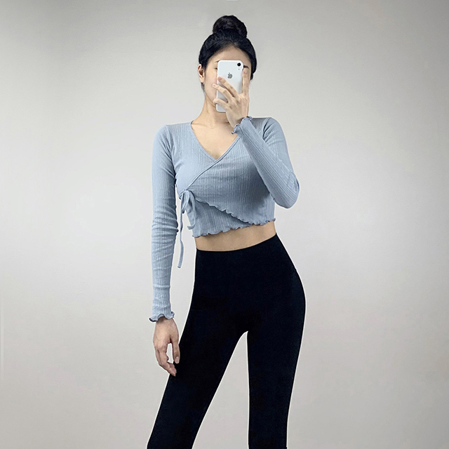크롭 랩 티셔츠 요가 필라테스 요가복 필라테스복 상의 커버업 - 상세 이미지 5
