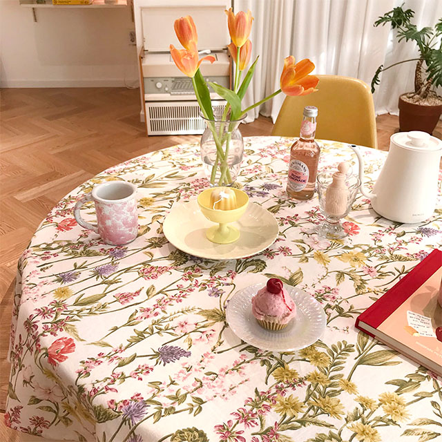 살림씨 플라워 린넨 식탁보 테이블보 사각 원형 카페 홈파티 로망스 골드 95X110