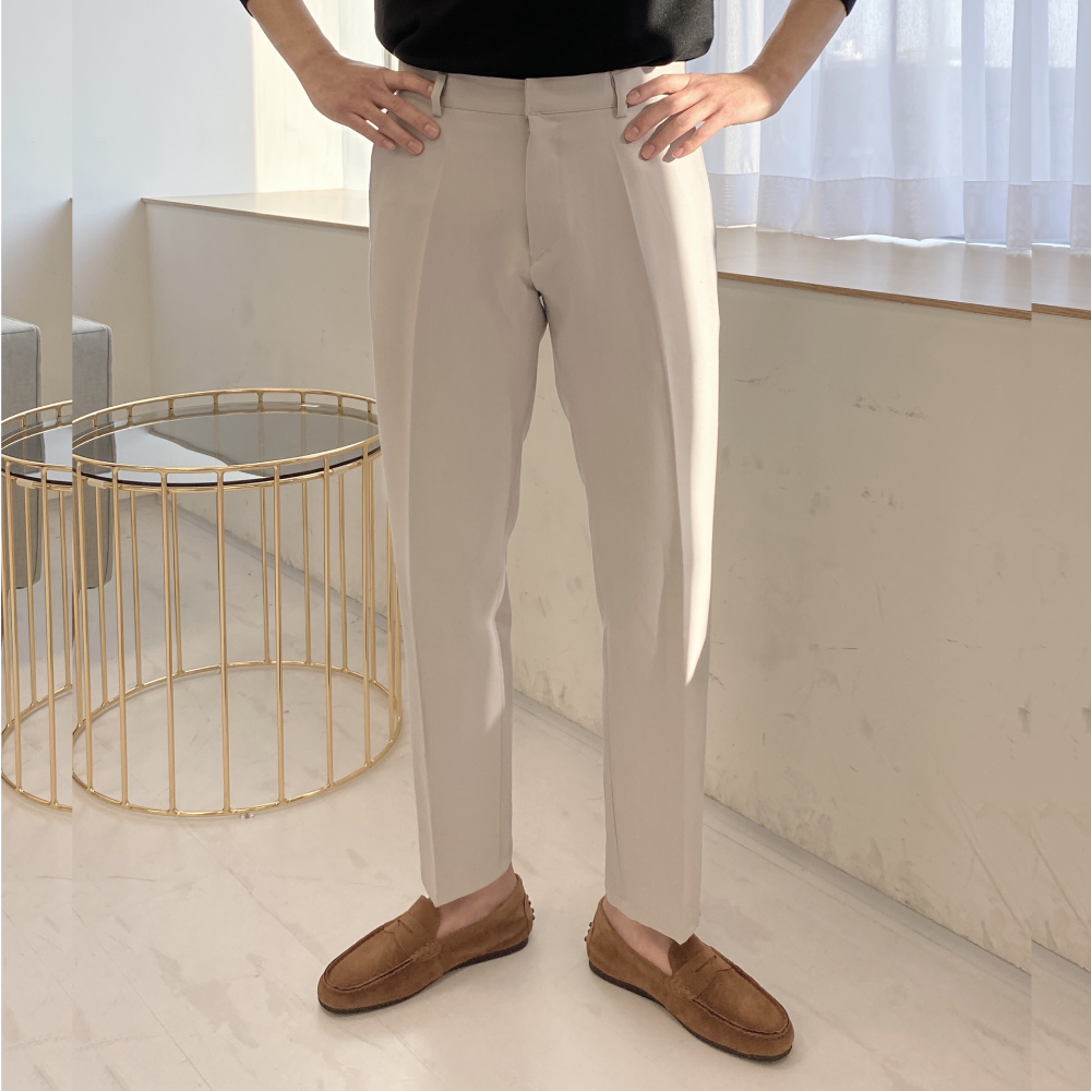 남자 10부 스판 슬랙스 슬림 핏 바지 아이보리 블랙 - 상품 이미지