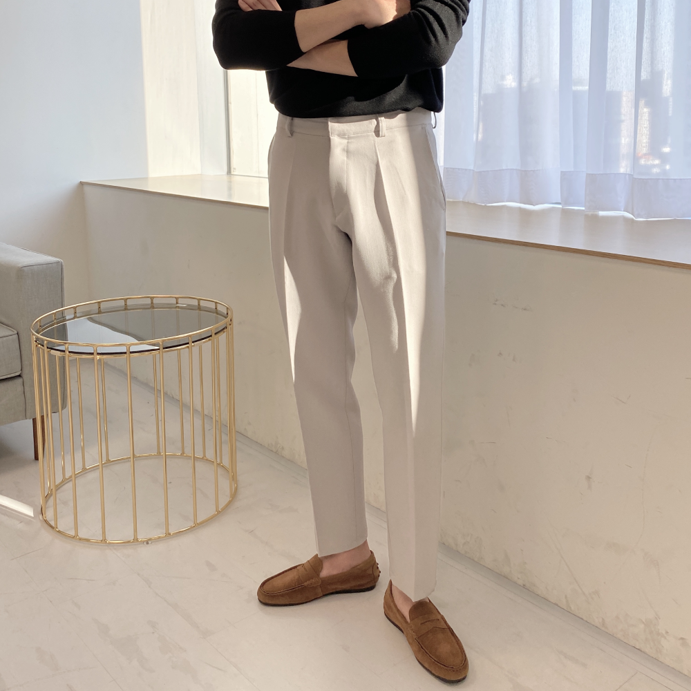 남자 10부 스판 슬랙스 슬림 핏 바지 아이보리 블랙 - 상세 이미지 2