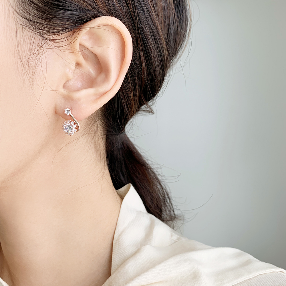 14K 금침 비올라 더블 큐빅 원형 원터치 골드핀 귀걸이 - 상세 이미지 3