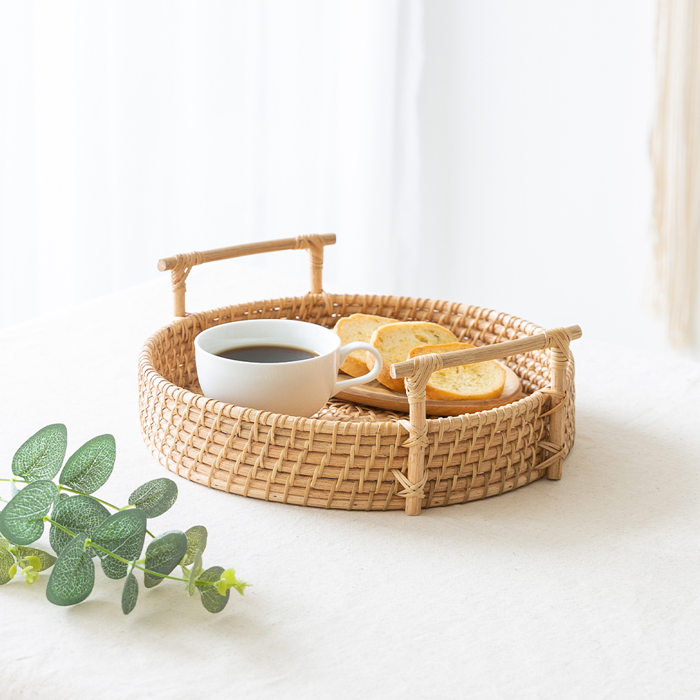 라탄 우드트레이 나무트레이 원형 원목 빵 카페 업소용 쟁반 손잡이 바스켓