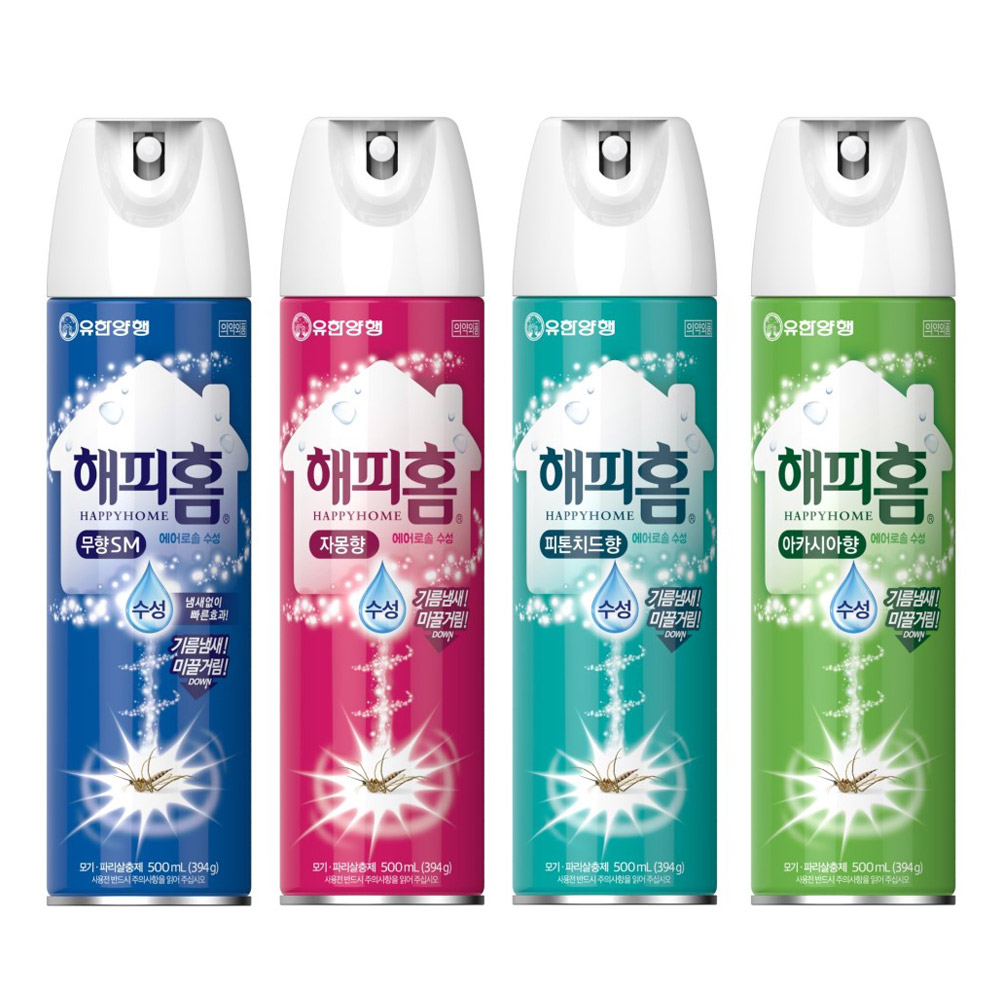 해피홈 에어로솔 수성 모기살충제 500ml / 무향 피톤치드 아카시아 자몽