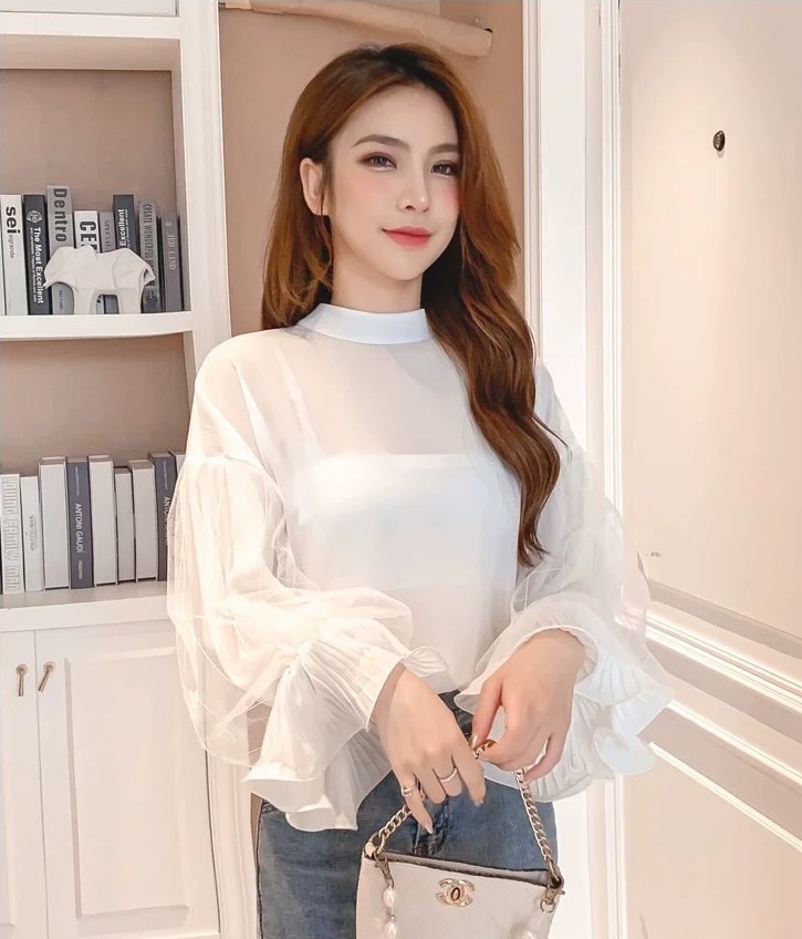 여자여자몰 손목프릴셔링 입체이중망사 퍼프소매 쉬폰긴팔블라우스 봄 특이한블라우스 간절기 이미지 8