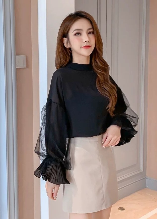 여자여자몰 손목프릴셔링 입체이중망사 퍼프소매 쉬폰긴팔블라우스 봄 특이한블라우스 간절기 이미지 6