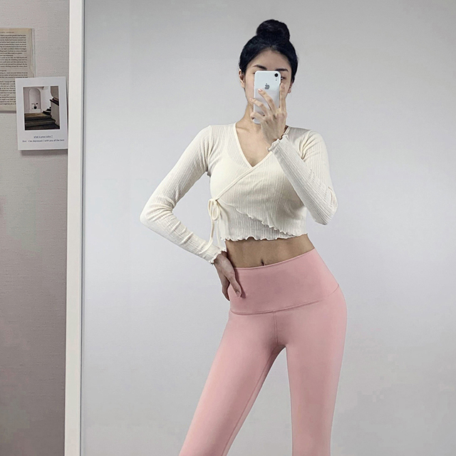 크롭 랩 티셔츠 요가 필라테스 요가복 필라테스복 상의 커버업 - 상세 이미지 4
