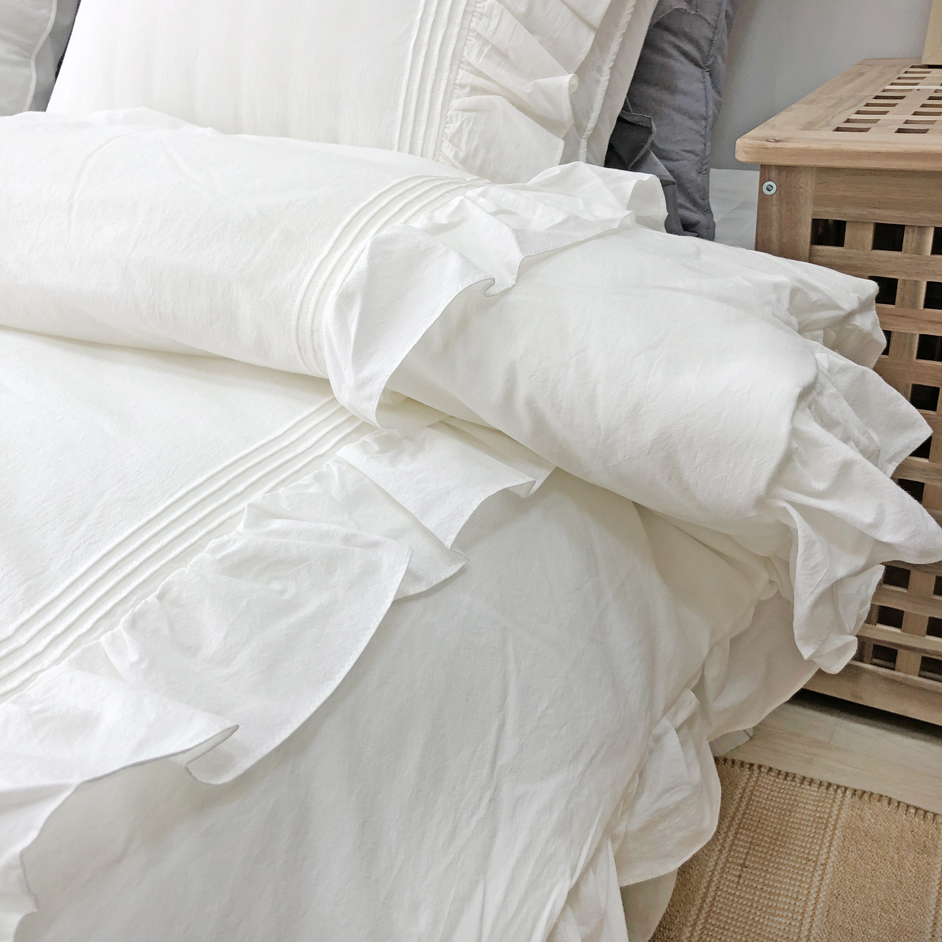 얇은 60수 피그먼트 텀블 바이오워싱 알러지케어 호텔식 순면 프릴 차렵이불 S/SS