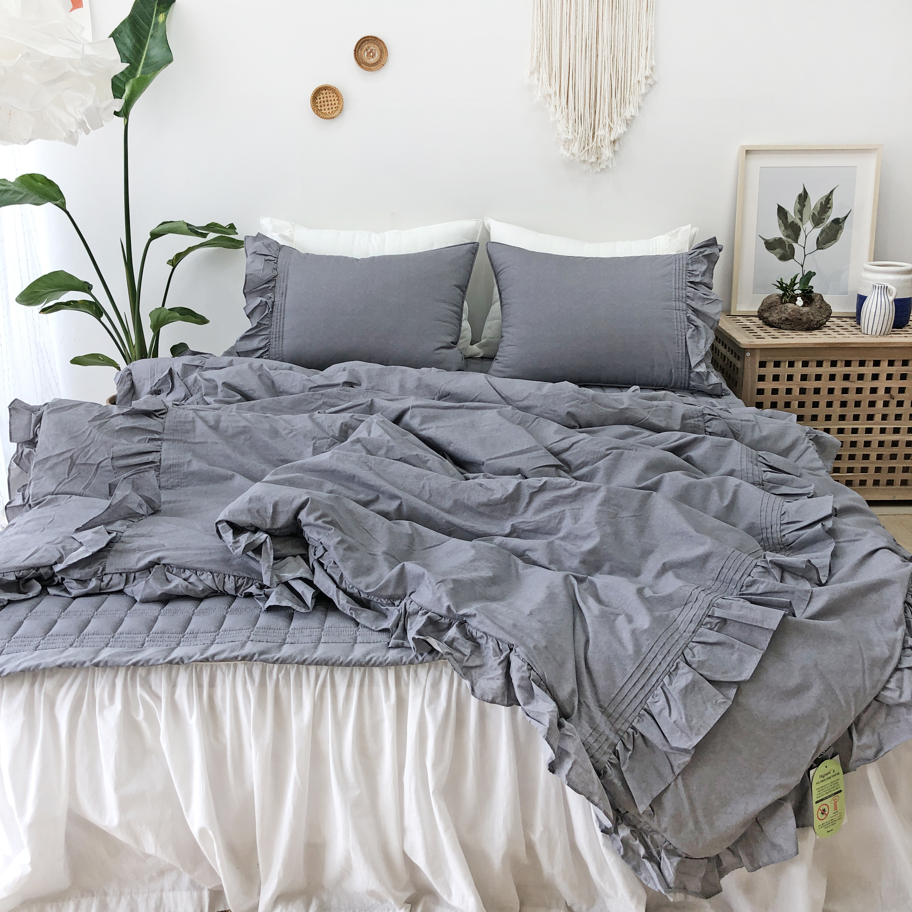 얇은 60수 피그먼트 텀블 바이오워싱 알러지케어 호텔식 순면 프릴 차렵이불 S/SS