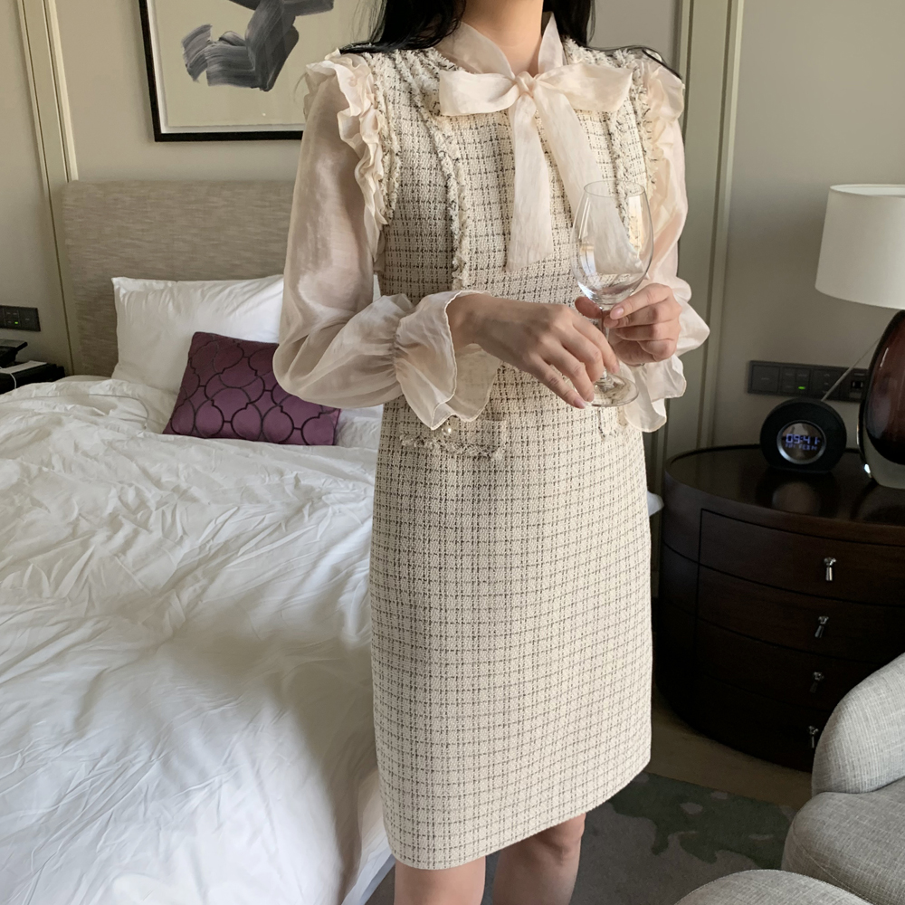 고급 진주 H라인 트위드 원피스 결혼식 하객룩 민소매 레이어드 하객 원피스 블랙 - 상세 이미지 3