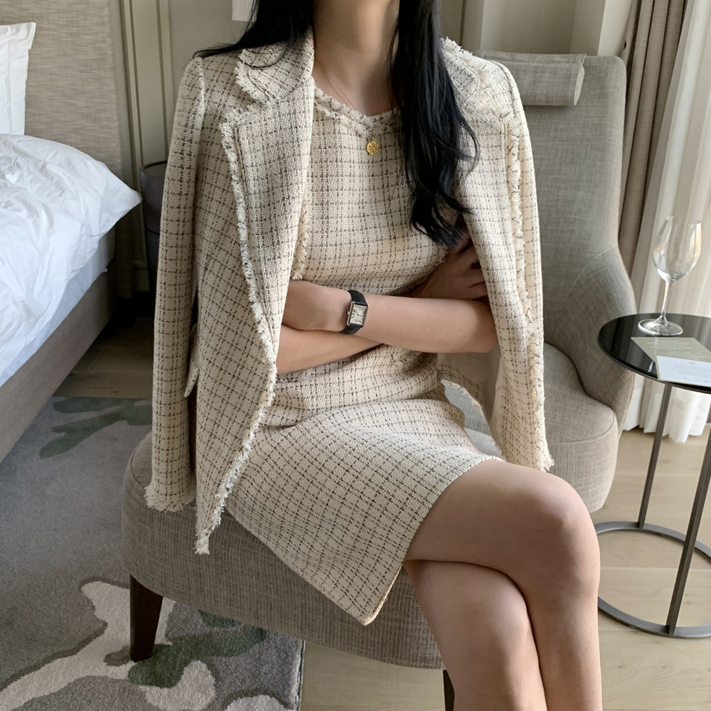 고급 진주 H라인 트위드 원피스 결혼식 하객룩 민소매 레이어드 하객 원피스 블랙