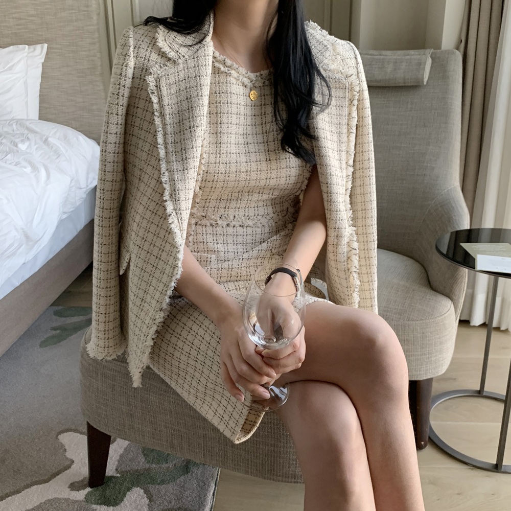 고급 진주 H라인 트위드 원피스 결혼식 하객룩 민소매 레이어드 하객 원피스 블랙