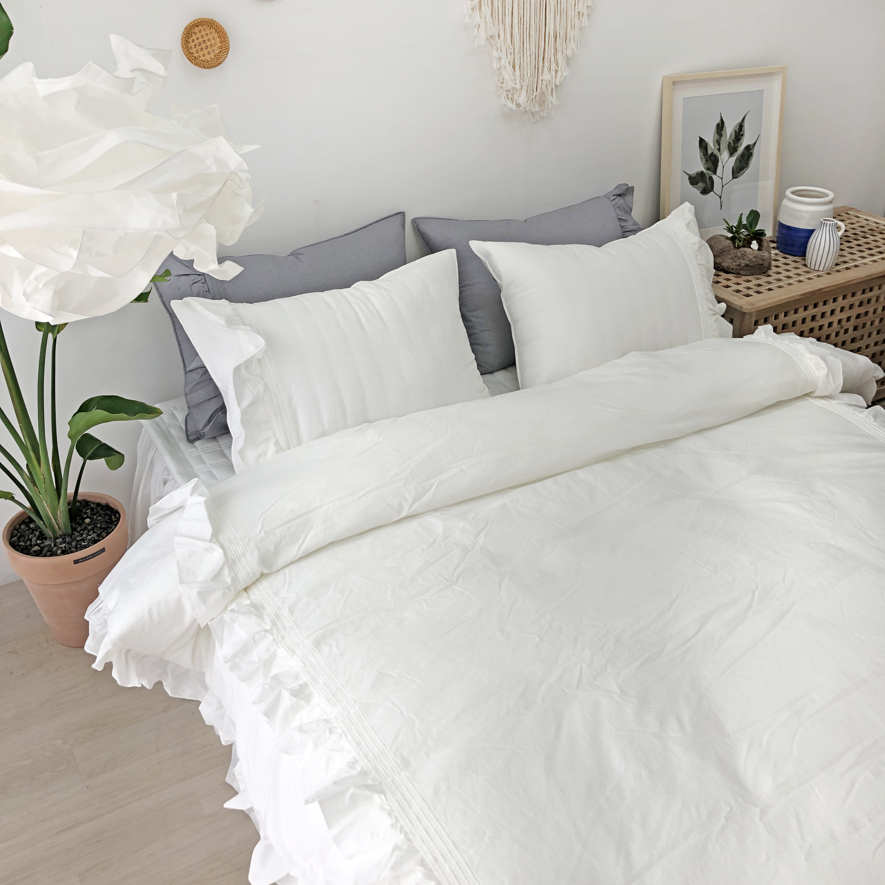 얇은 60수 피그먼트 텀블 바이오워싱 알러지케어 호텔식 순면 프릴 차렵이불 S/SS