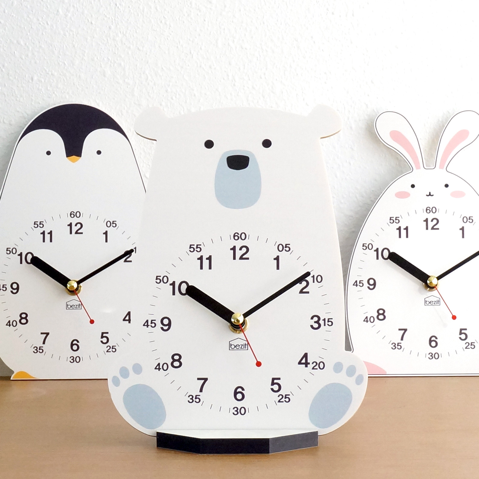 [베짓] 북유럽 아이방 인테리어 교육용 무소음 탁상시계 - 북극곰, 펭귄, 토끼