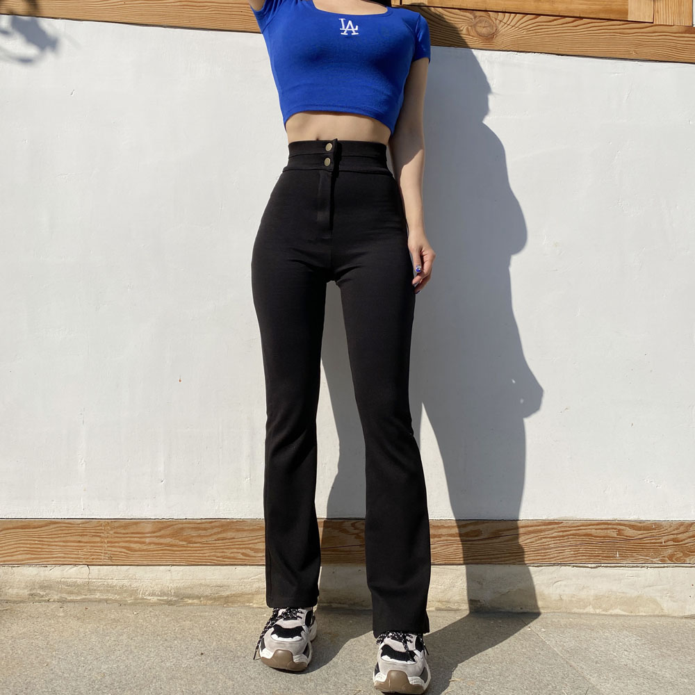 투하이 하이웨스트 밴딩 버튼 데일리 스판 블랙 부츠컷팬츠 이미지 6