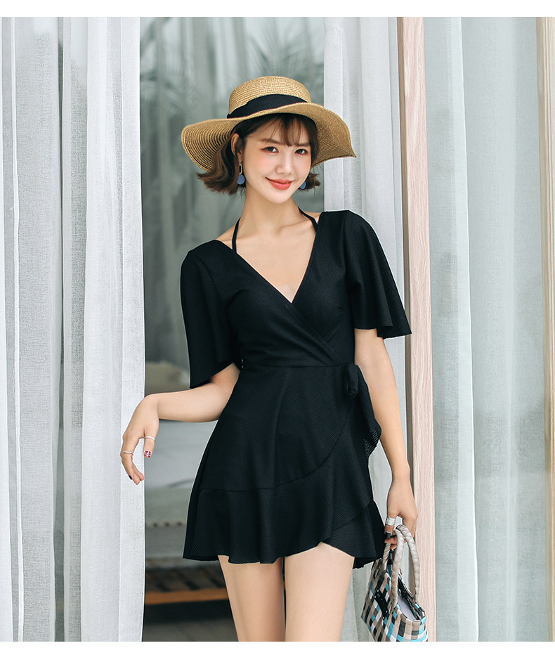 [M-3XL/빅사이즈] 반팔 랩 원피스 수영복 체형커버 홀터 프릴 래쉬가드 반바지 일체형 상세 이미지 15