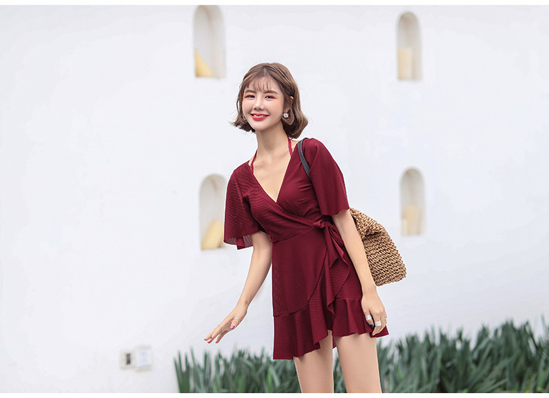 [M-3XL/빅사이즈] 반팔 랩 원피스 수영복 체형커버 홀터 프릴 래쉬가드 반바지 일체형 상세 이미지 20