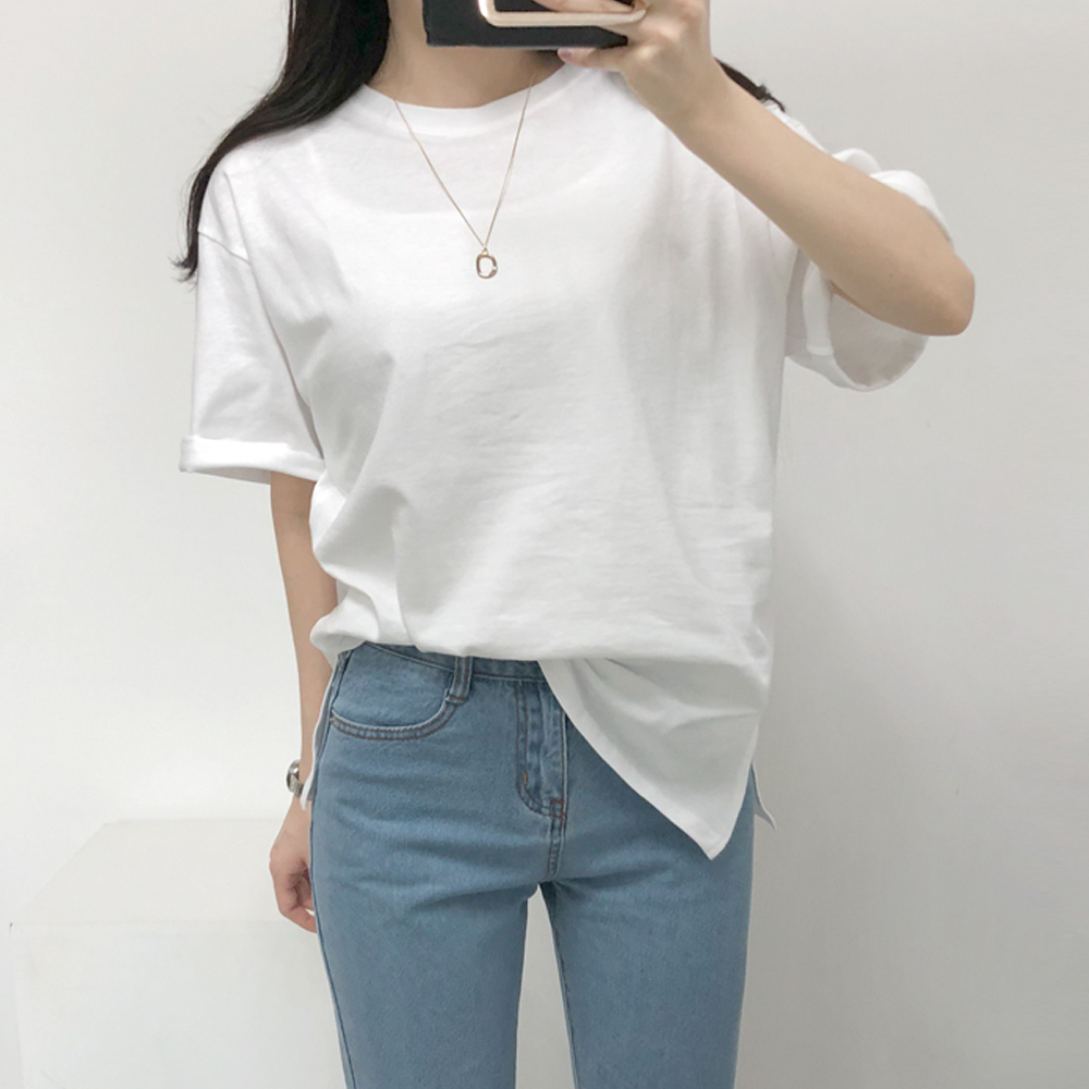 데일리 이너 루즈핏 트임 무지 반팔 티셔츠 - 상품 이미지