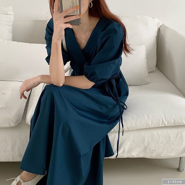 랩 코튼 퍼프 맥시 롱 원피스 4color 여름 루즈핏 반팔 브이넥 데일리 제이플로우 - 상세 이미지 3